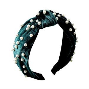 Green Velvet Top Knot Pearl Headband